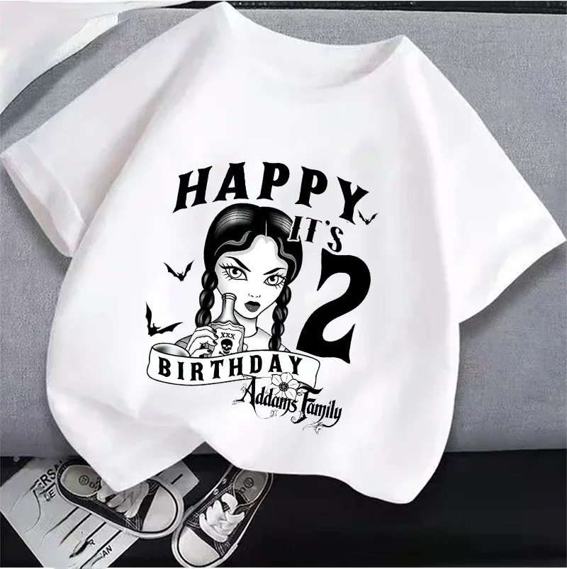 2024 New Wednesday Addams Children Clothing Anime Summer Girls Birthday Number Cotton T-shirt Cartoon Clothes Kids Top