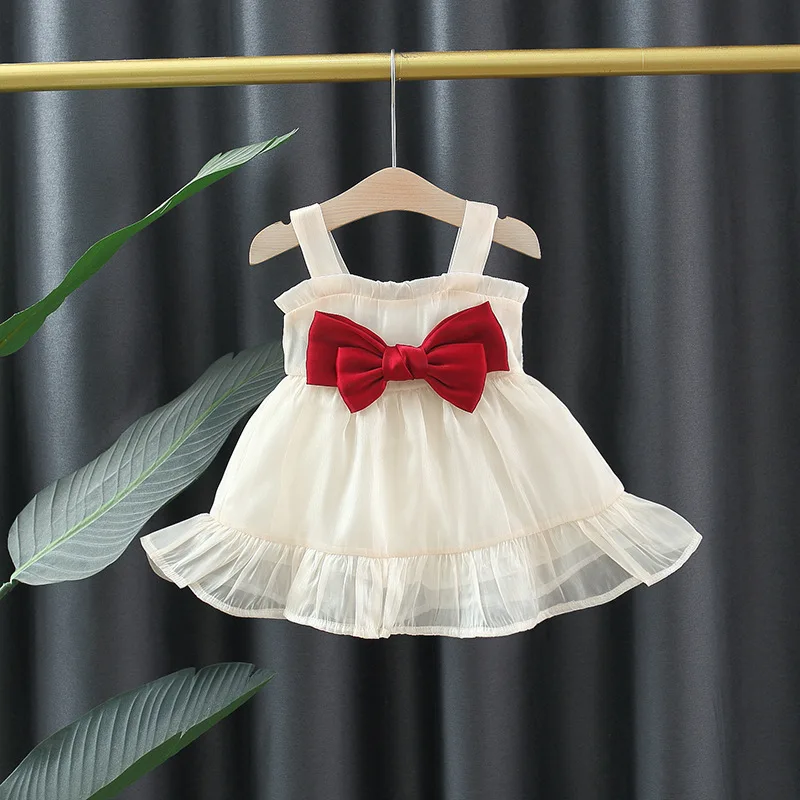 Girl\'s Summer Dress Sweet Hanging Strap Solid Color Big Bow Dress Suitable for Children Aged 80-110