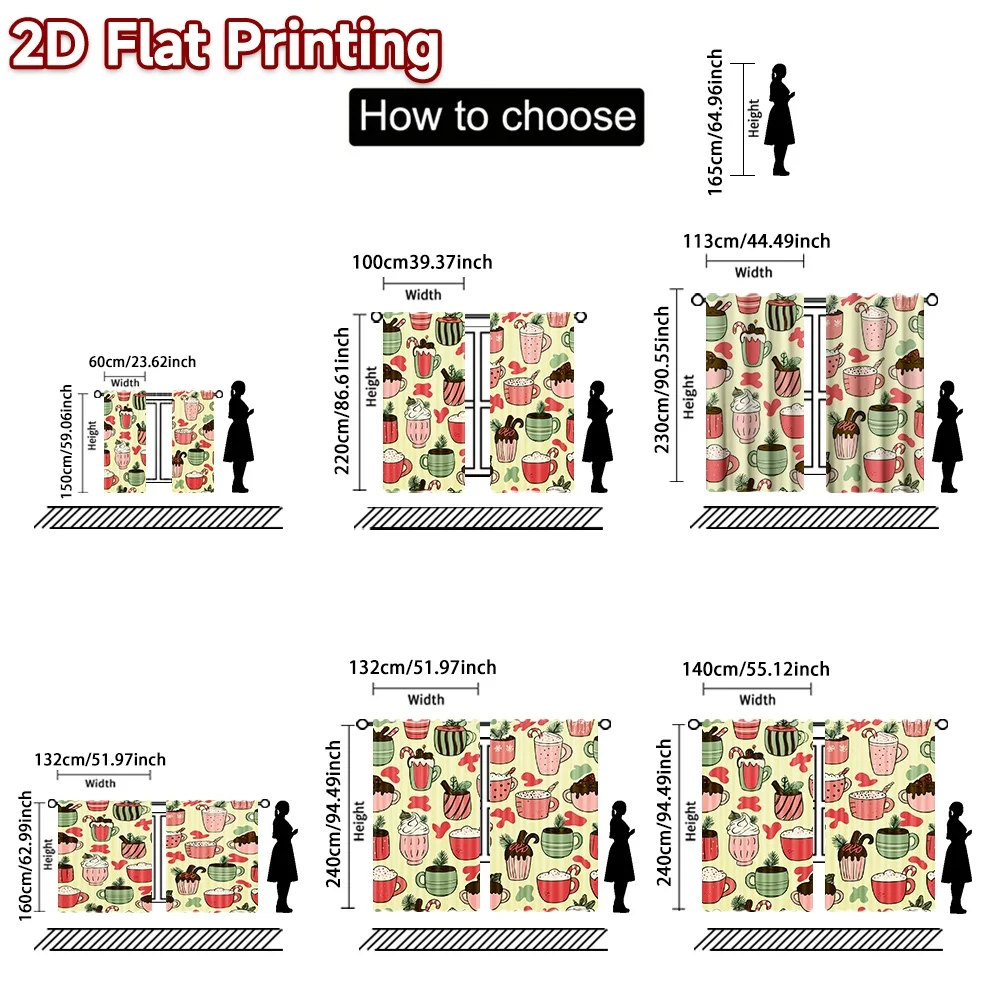 2D flat printing 2pcs Christmas Curtains Christmas Hot Cocoa Cups Digitally printed polyester, colorfast Party & Holiday Decor