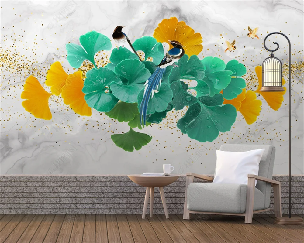 

Beibehang индивидуальные новейшие современные минималистичные и роскошные золотые растения, цветы гинкго и птицы, фоновые обои для телевизора