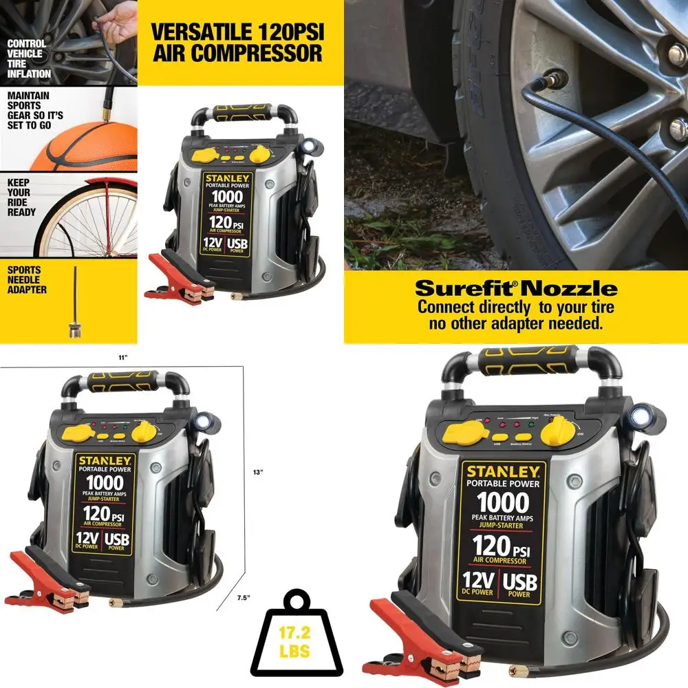 

Автомобильный стартер мощностью 1000 пиковых усилителей, портативная мощность — USB-порт 2,1 А/10 Вт, розетка 12 В, воздушный компрессор мощностью 120 фунтов на квадратный дюйм для шин, велосипедов и велосипедов