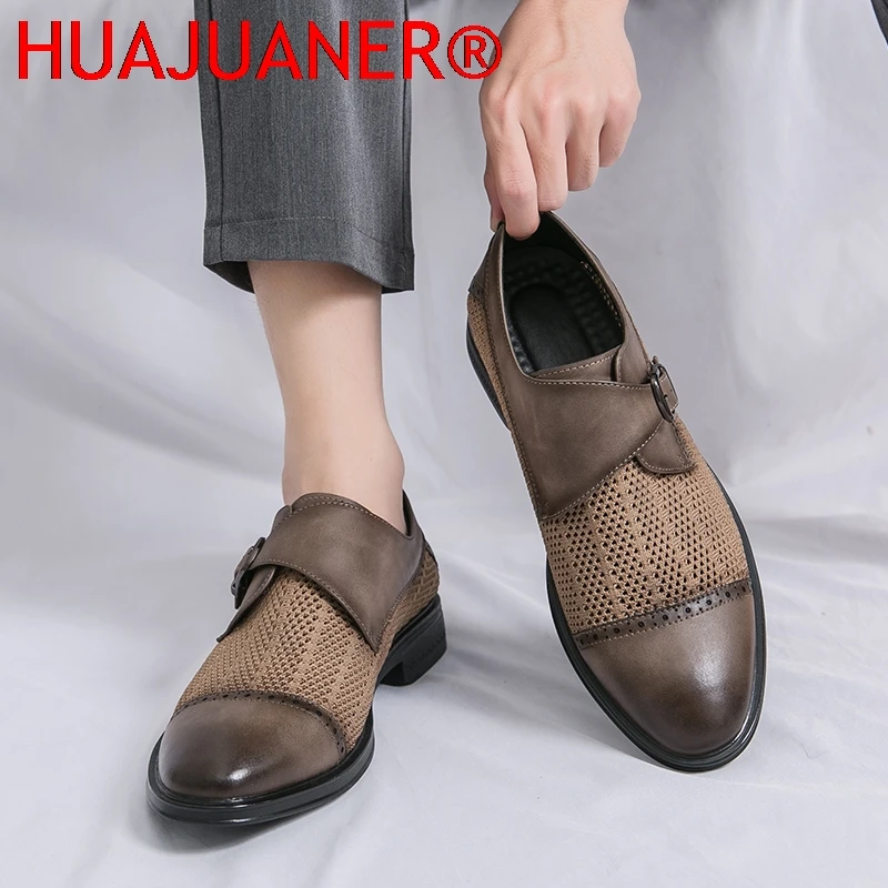 Summer New Punched Grey Leather Shoes Casual Leather Men Shoes Thick Soled Formal Oxford Shoes Comfy Male Classic Dress Footwear