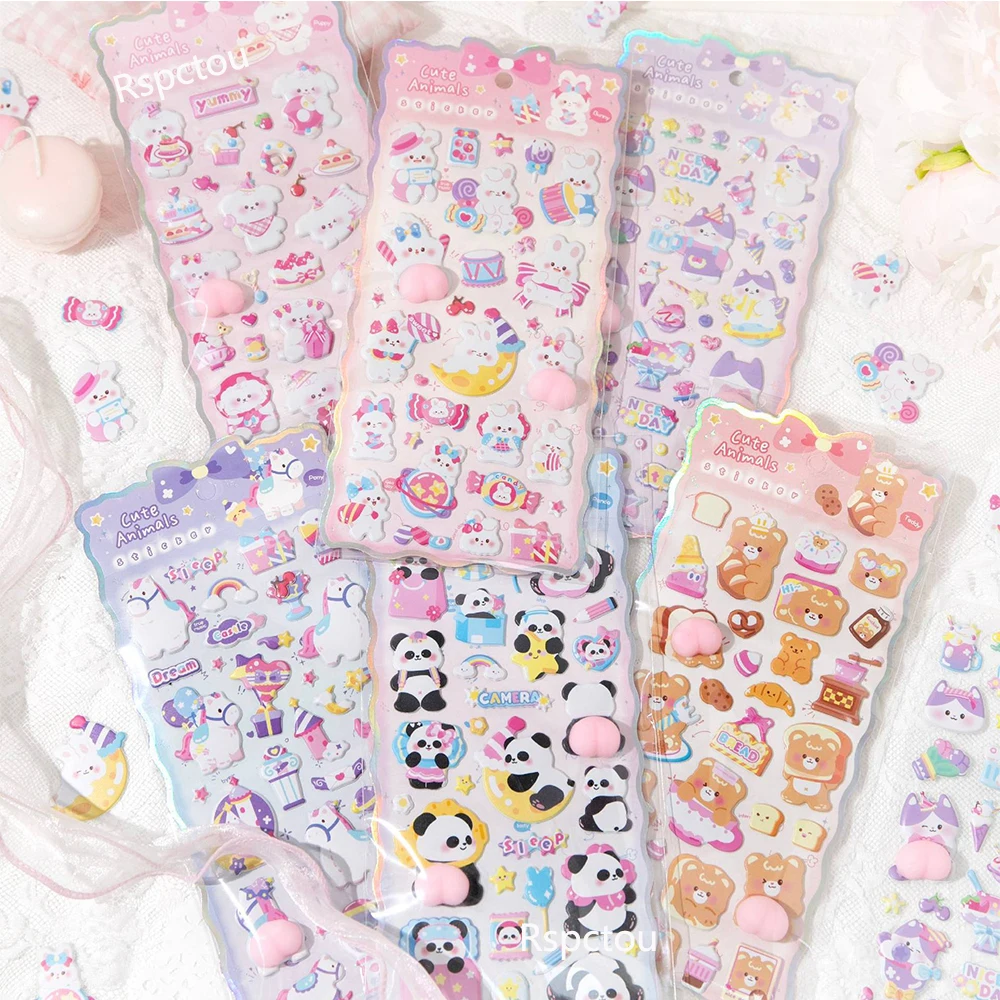 

6pcs Funny Cute 3D Bubble Stickers Kawaii Cartoon Panda Rabbit Pinch Butt Sticker Soft Puffy Stress Relief Decal DIY Diary Phone