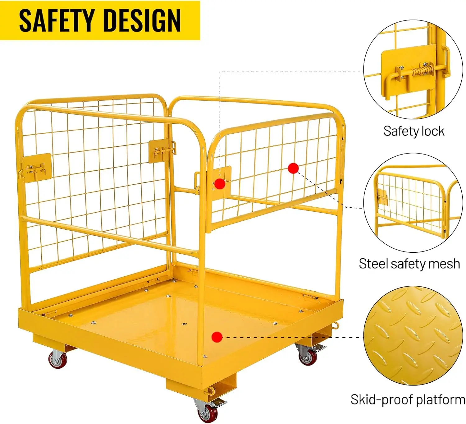 Jaula de seguridad para montacargas de 36 x 36 pulgadas, cesta para hombre con capacidad de 1200 libras, plataforma de trabajo para montacargas plegable con 4 ruedas