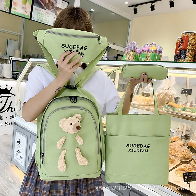 Cute Bear Girls' Backpack Four Piece Set Handbag Pocket Pen Case Backpack Suit Korean School Student Large Capacity Backpack