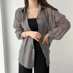 Summer New Thin Chiffon Shirt Tops Long Sleeve Polo Neck Solid Color Loose Blouse Korean Casual Fashion Women Clothing