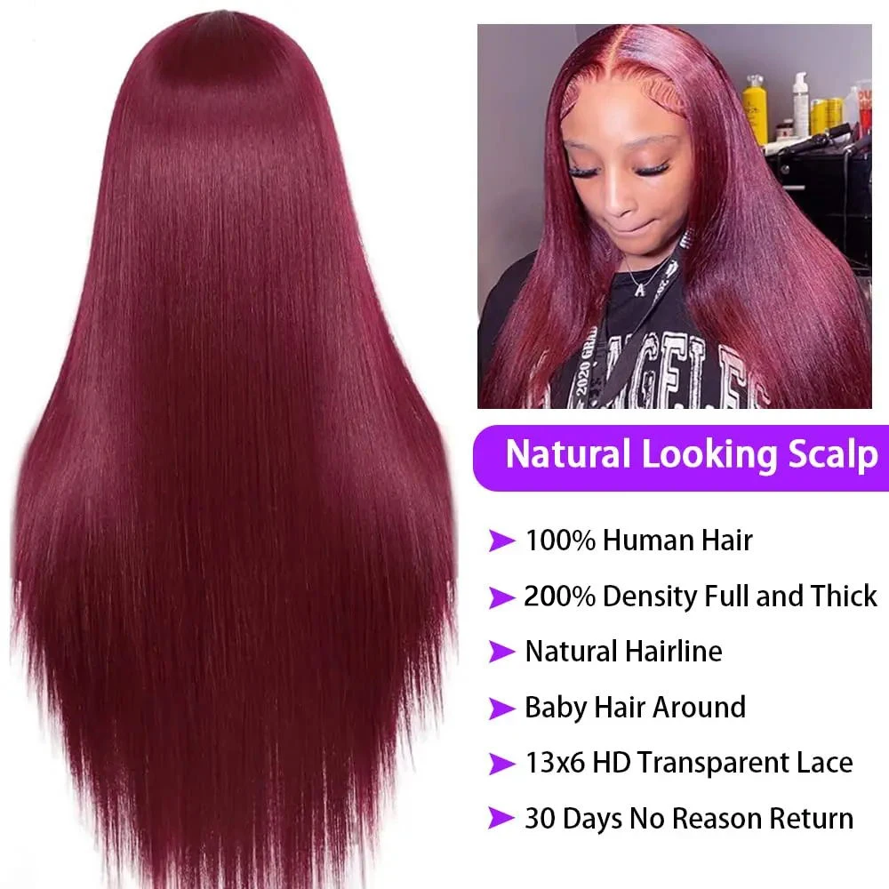 34 36 Inch Transparent 13x4 13x6 Straight HD Lace Frontal Human Hair Wigs For Women 99J Burgundy Colored 200 Density Remy Hair