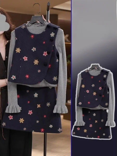 

Комплект: модный жилет больших размеров с принтом, многослойная внутренняя одежда, юбка с высокой талией, весенний сезон, свободный крой, с растительным цветочным узором