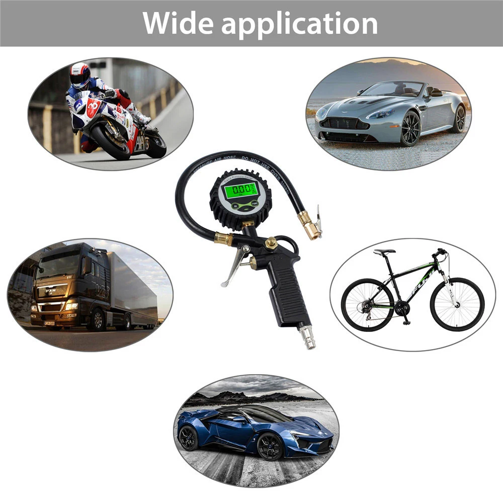 For Auto Car Bike Motor Digital LCD Display Car EU Tire Air Pressure Inflator Gauge LED Backlight Vehicle Tester