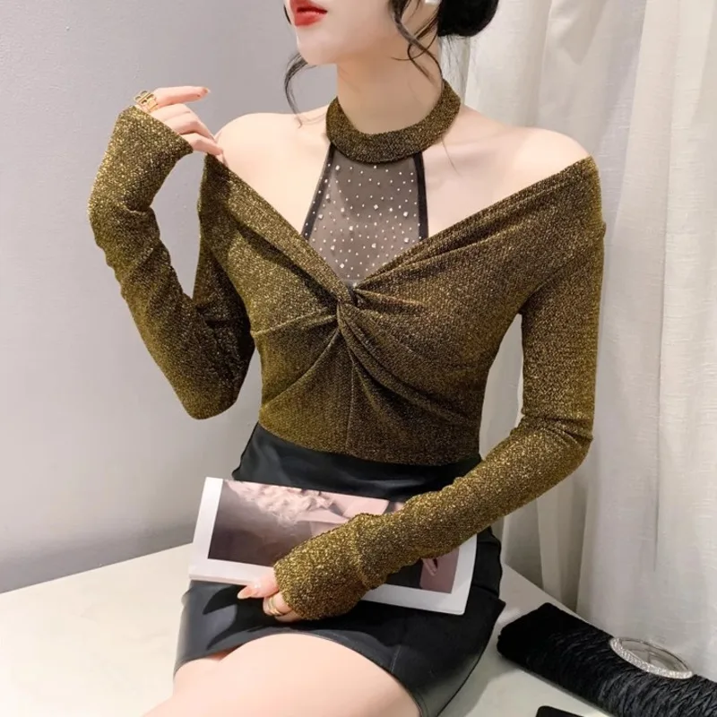 #7009 Spring Black Red Gold Shinny Off Shoulder T Shirt Women Split Joint Mesh Skinny Wrap Women's T-shirt Halter Neck Sexy