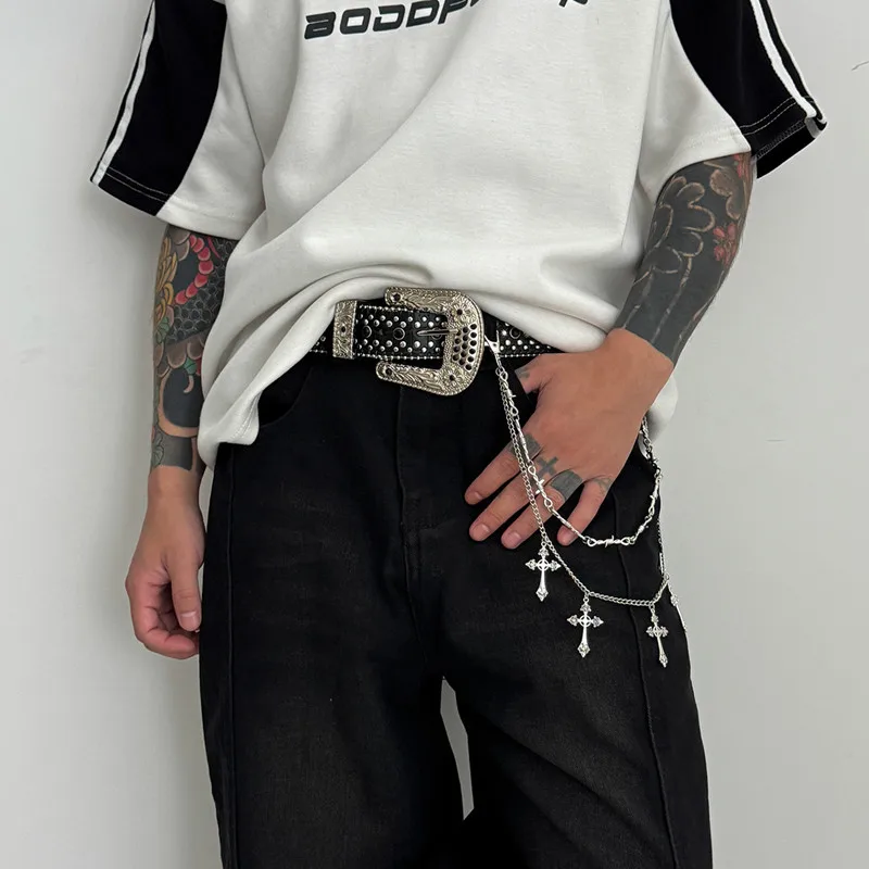 Punk Thorns Cross Wire Barbed Trousers Long Waist Chain Hip pop Grunge Goth Women Men Pants Jeans Accessories