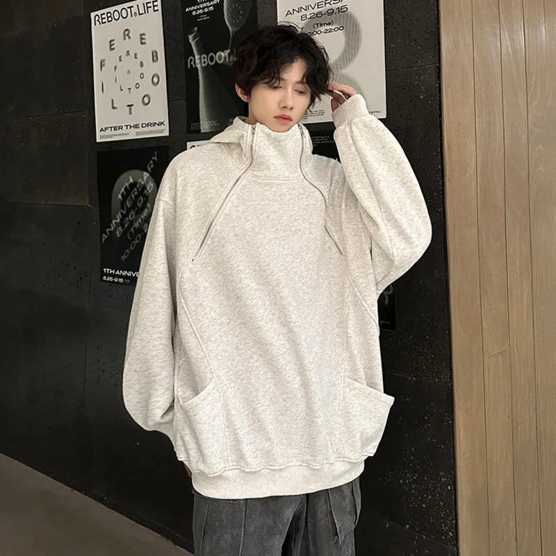 IEFB Niche Design Men's Sweatshirts Casual Hooded Double Zippers Solid Color Thickened Fleece Loose Autumn Male Hoodies 9C8690