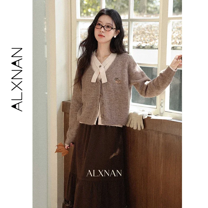 ALXNAN Khaki Knit Cardigan Women Fake Two Piece Wooden Floral Button Embroidered Sweater Autumn Long Sleeve Tops Female L59713