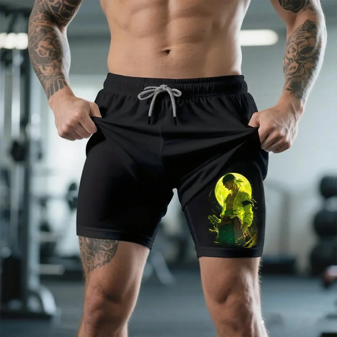 

ONE PIECE двойные шорты с периферийным принтом Sauron Luffy, летние американские уличные модные мужские свободные спортивные дышащие брюки