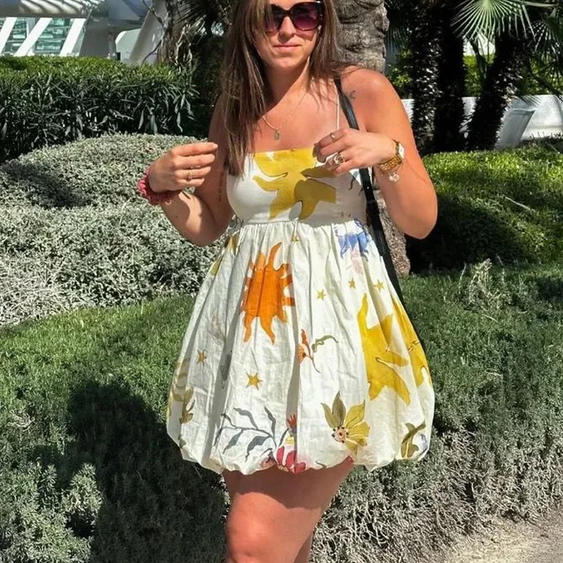 TRAF Print Slip Mini Dress Pleated Sleeveless Short Dresses For Women Summer Backless Holiday Dresses 2024 Sexy Beach Dress