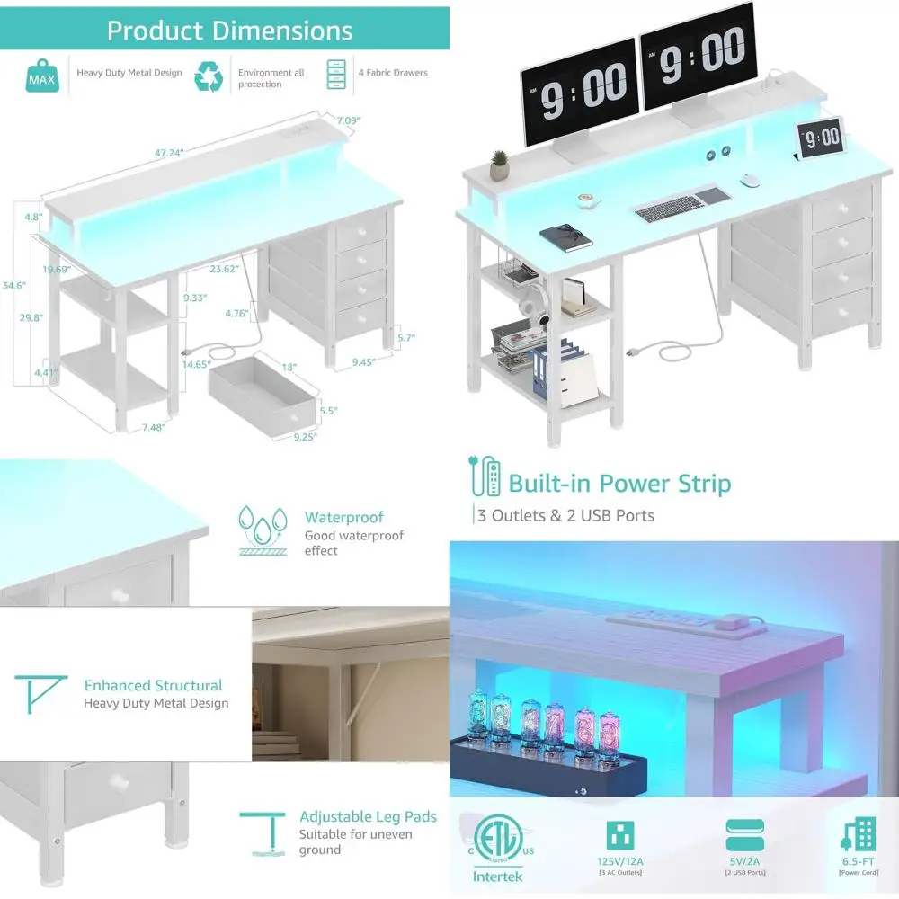 

47 White Home Office Desk with Drawers, Gaming Computer Desk, LED Lights, Monitor Stand & Power Outlets