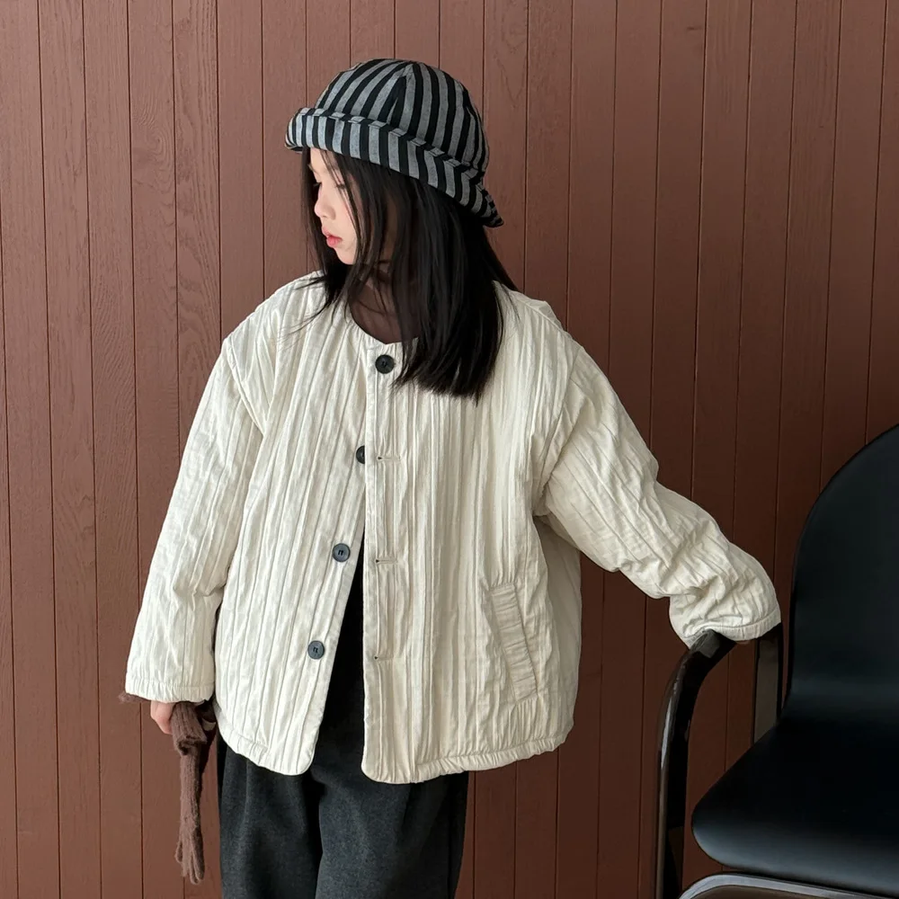 Kids Cotton Clothes 2025 Autumn and Winter Korean Style Baby Girl Vertical Strip Padded Thickened Top Kids Round Neck Solid