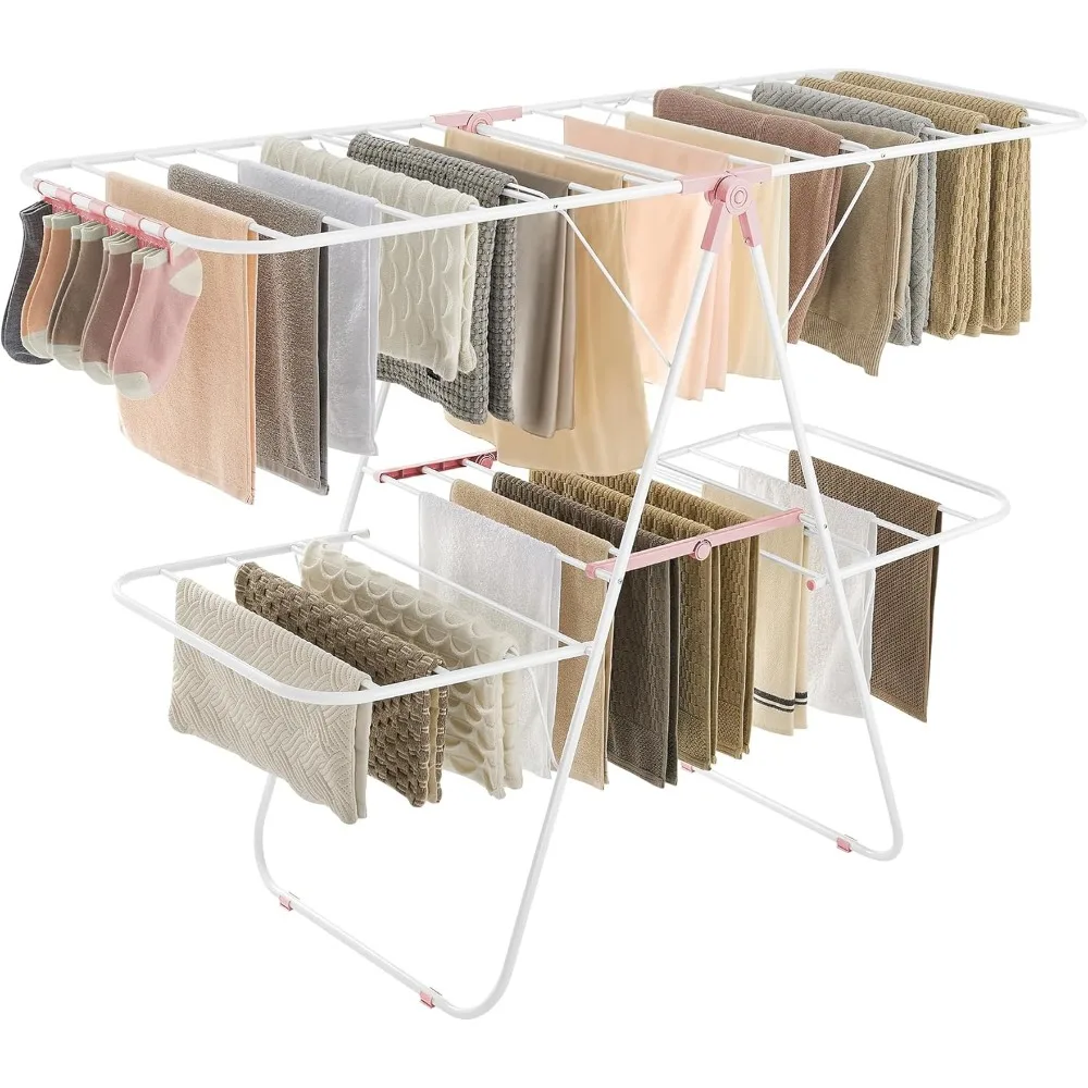 Clothes Drying Rack, Foldable 2-Level Laundry Drying Rack, Free-Standing Laundry Airer, with Height-Adjustable Wings, 3