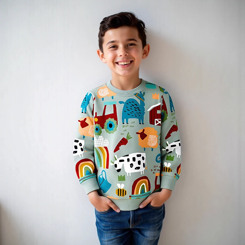 Little Maven Kinderkleidung, Kostüm, 2025, Jungen, Cartoon-Tiere, Bagger-Sweatshirts, Tops, Herbst, Frühling, Baumwolle, Kinderkleidung