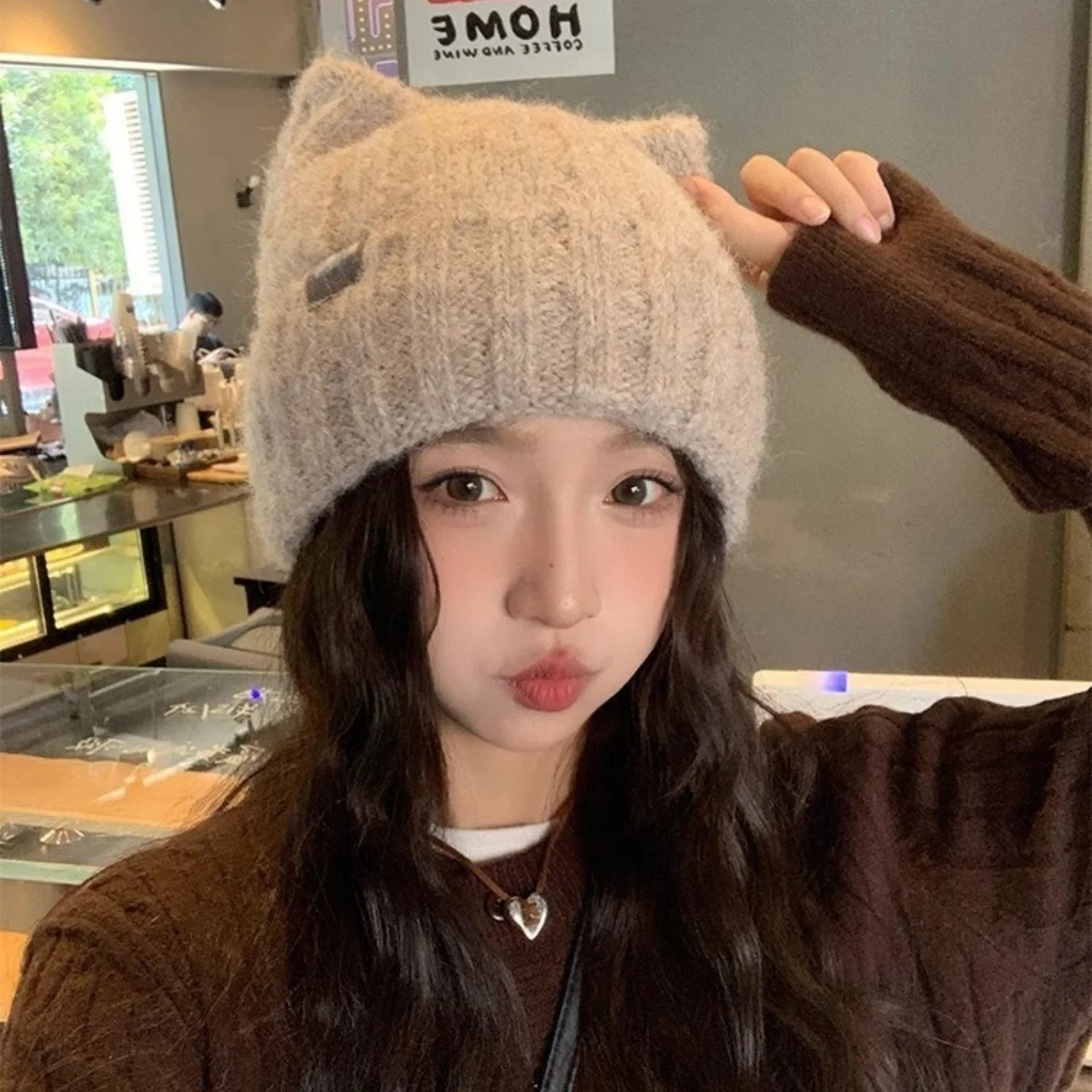 1PC Cat Ear Knitted Beanies, Cute Winter Warm Wool Hats For Women, Korean Style Fashion Headwear image 6