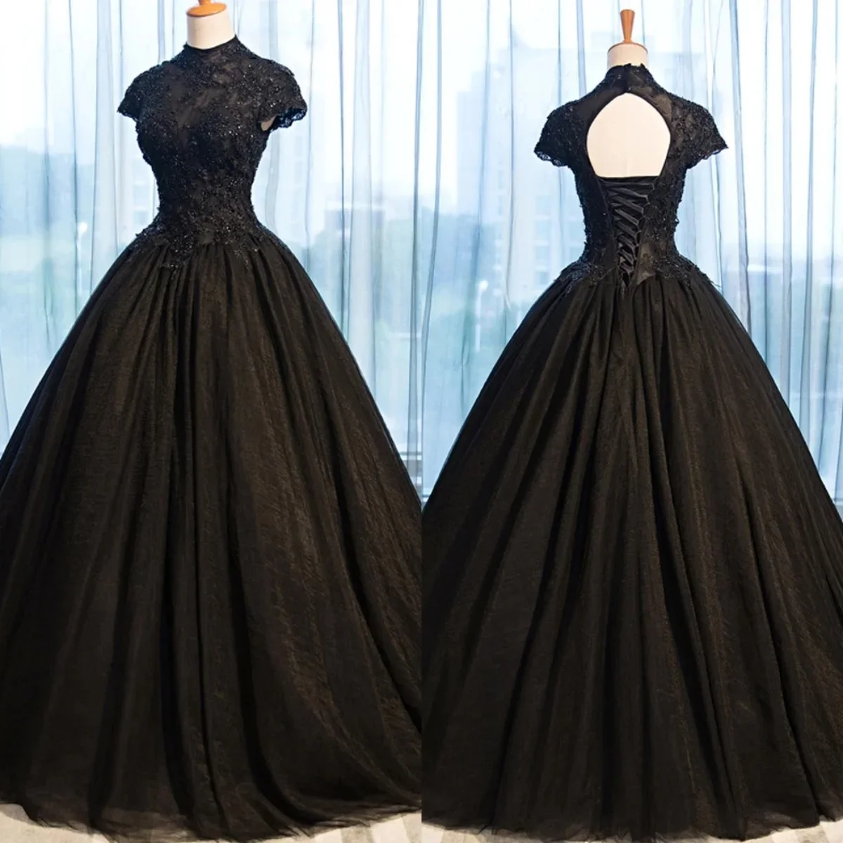 

Evening Dress Black Beading Tulle High Collar Lace up Princess Floor Length Plus size Lady Party Formal Ball Gown Robe De Mariee