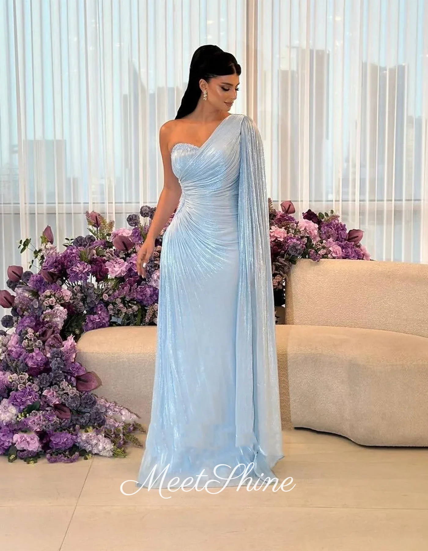 セクシーなスカイブルーワンショルダーマーメイドプロムドレスモダンプリーツケープスリーブイブニングドレスフォーマルオケージョンドレスカスタマイズ