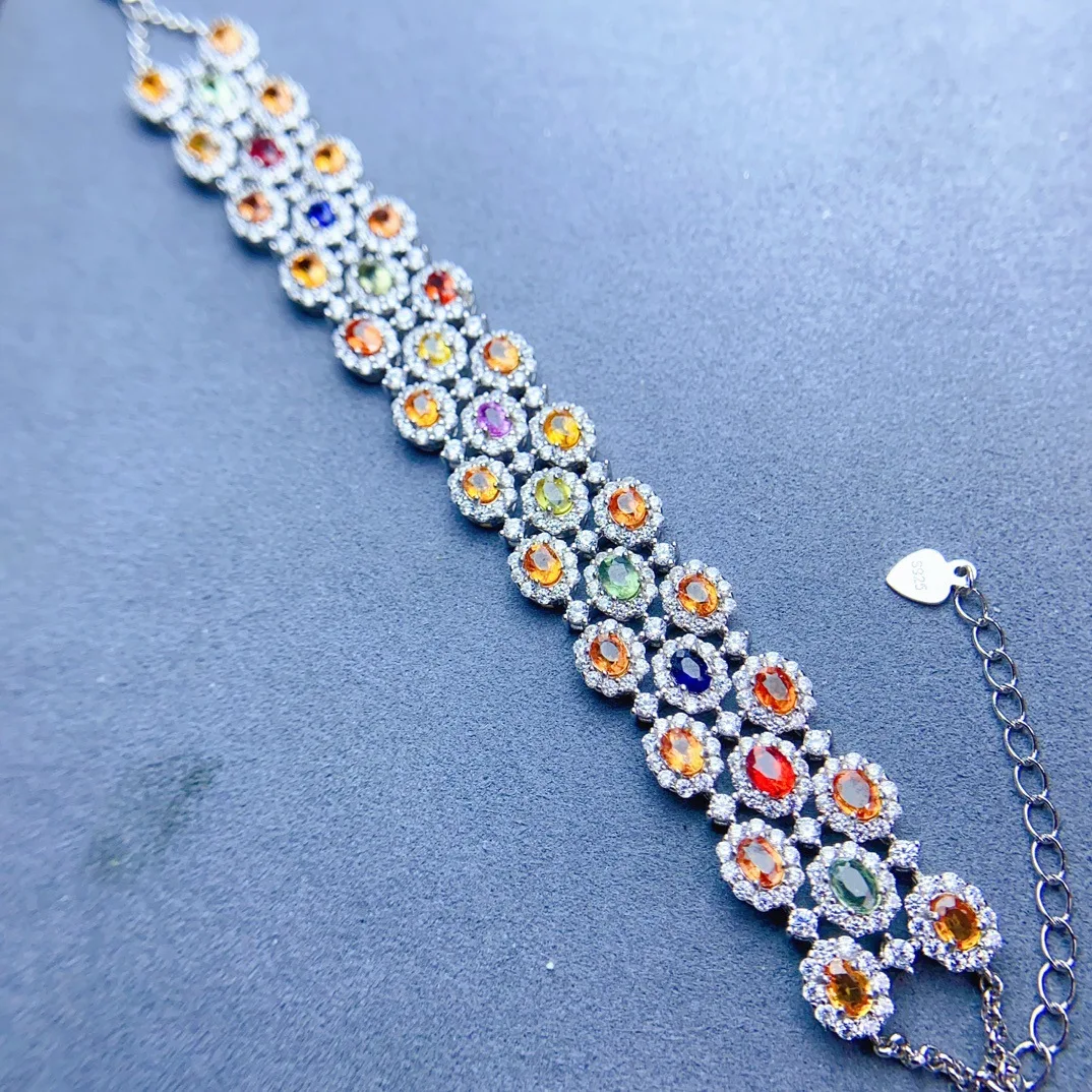 Natural Multicolor Sapphire Tennis Bracelet 3x4mm Oval Cut S925 Silver with Halo CZ Accent Luxury Rainbow Statement Bracelet