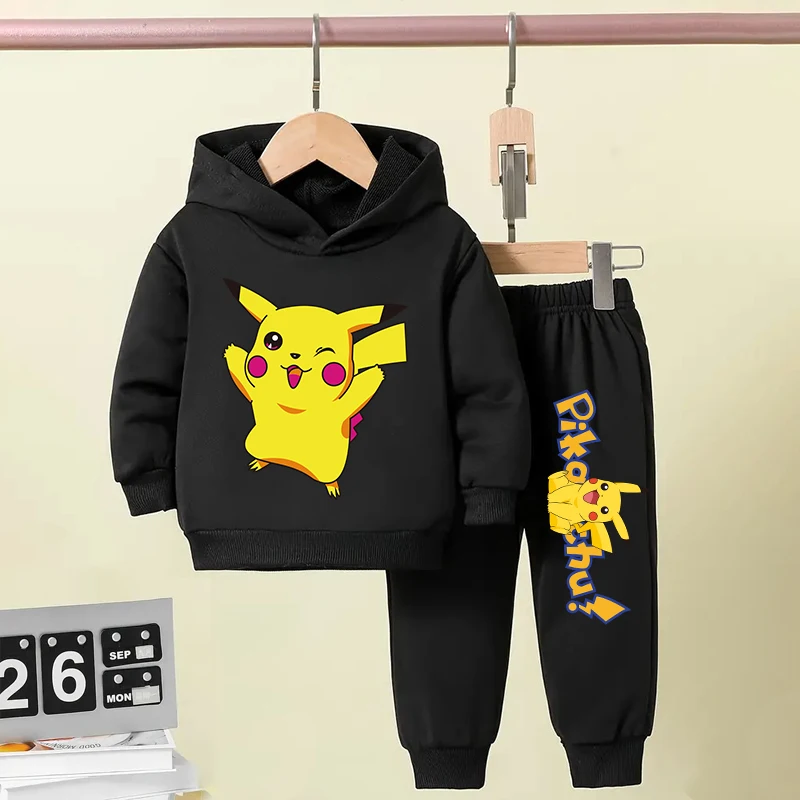 Cute Pikachu children's clothing kids plus velvet hoodie suit autumn and winter sweatshirt pants 2-piece suit for boys and girls