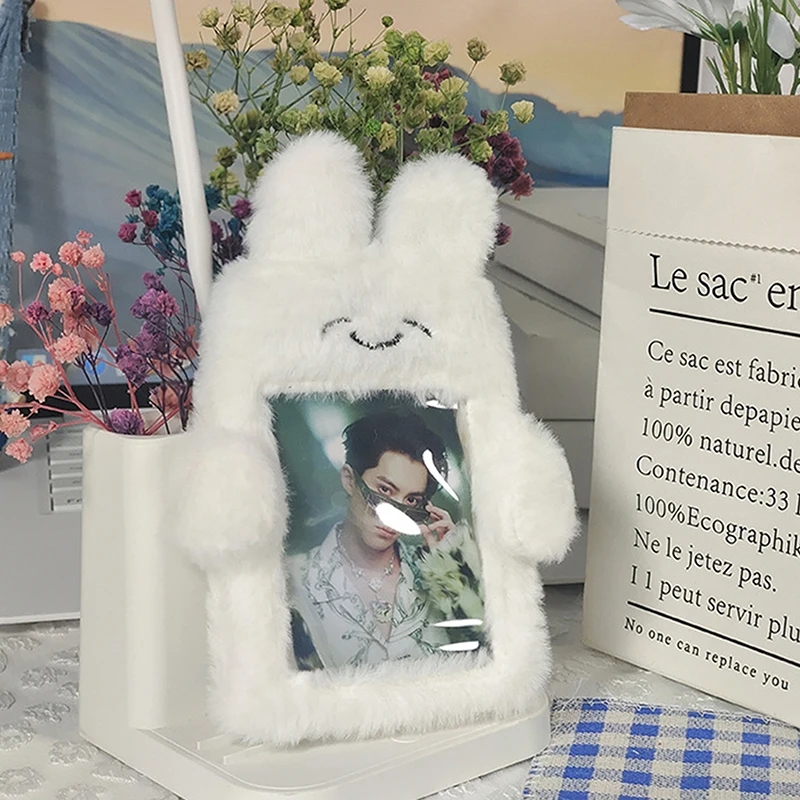 3 Inch Cute Cartoon Bear Rabbit Plush Photocard Holder Korea Idol Photo Holder Girl Cute Keychain ID Credit Protector Stationery