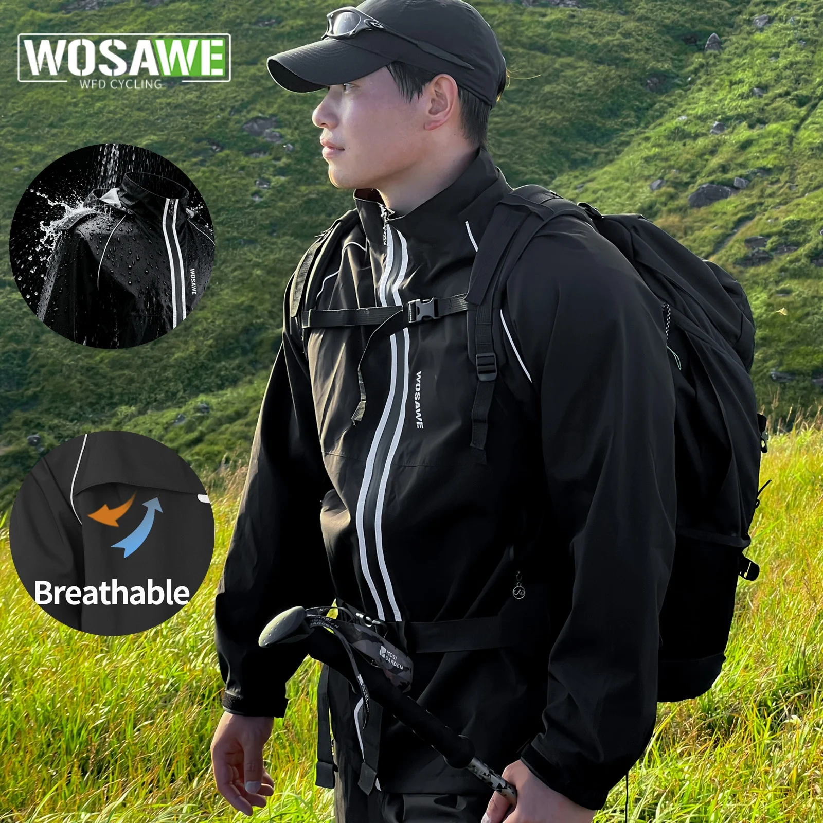 

WOSAWE New Men's Outdoor Windproof Waterproof Jacket Climbing Suit Motorcycle Raincoat and Rainpants Reflective Split Raincoat