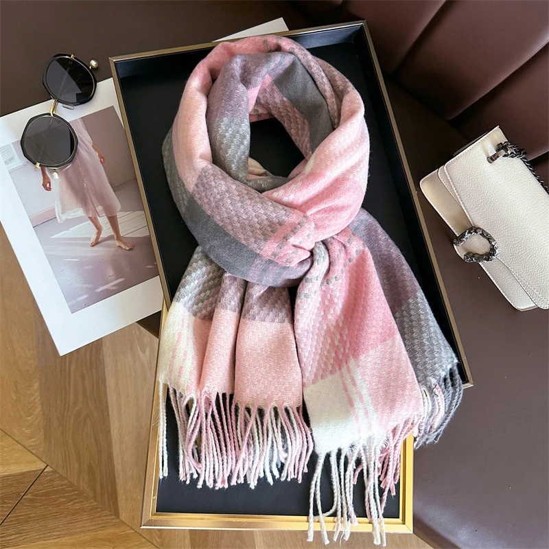 200x65cm Winter Warm Neck Protection Artificial Cashmere Plaid Casual Scarf Versatile Tassel Shawl