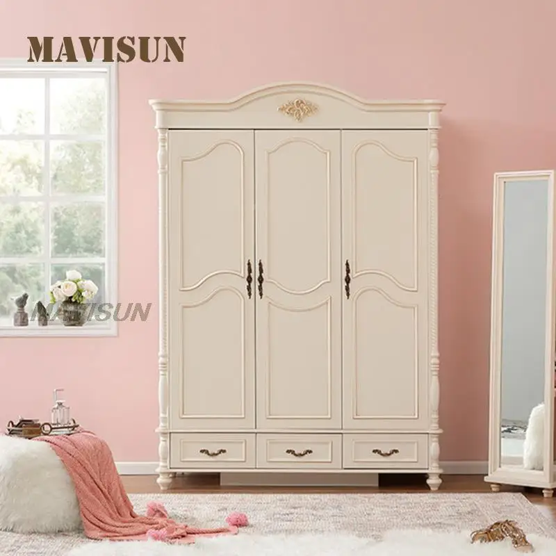 3 Door Light Luxury American Country Style Big Wardrobe Cabinet For Clothes Bedroom Small Apartment Solid Wood Drawer Storage