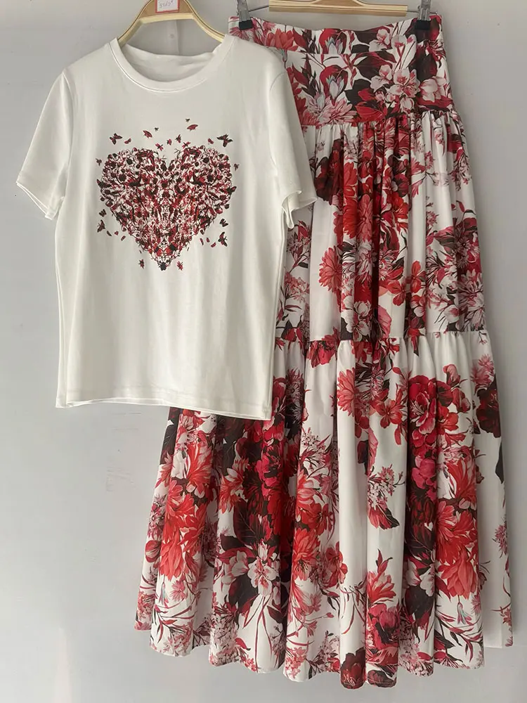 2026年新作夏レディース花柄セットアップ ラウンドネック半 - Midi Skirt Floral のレビューと価格