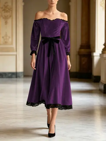 One-shoulder lace velvet dress with waist and bow mid-length banquet dress