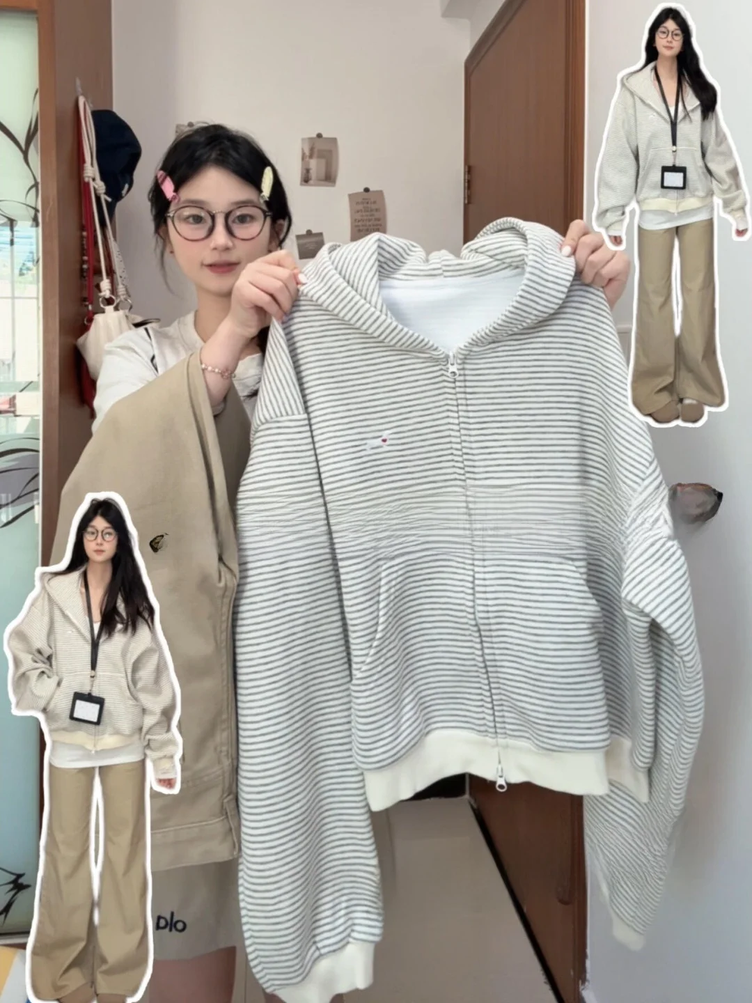 

Корейская женская толстовка в полоску с вышивкой собаки, на молнии, свободного кроя, с длинными рукавами, осенне-зимняя новинка