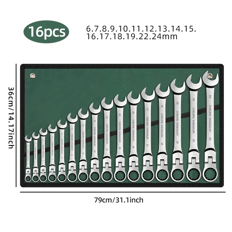 Ratchet Spanner Wrench Set 8-22mm Gear Ring Ratcheting Combination Wrench Kit Metric Flexible Head with Canvas Bag