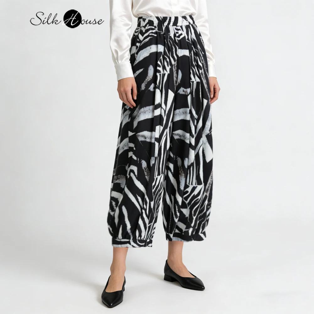 

Женские повседневные летние брюки из 100% натурального шелка креп-де-шин с эластичным поясом, принтованные, укороченные, фасона «фонарики»