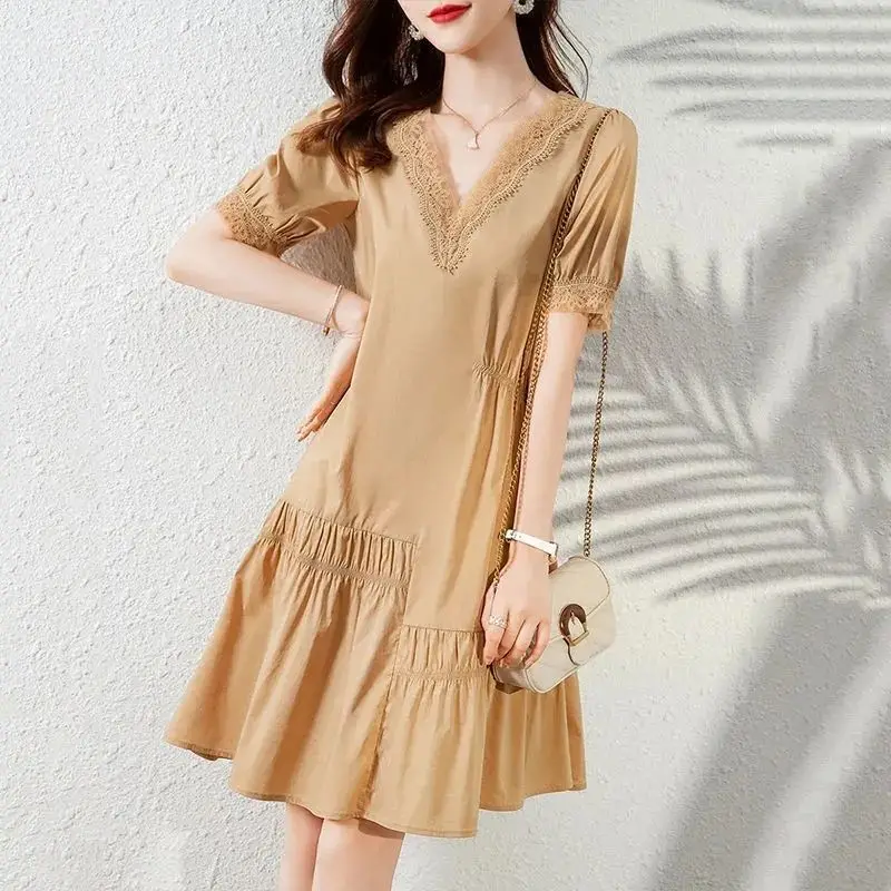 

2022 Spring Summer Dresses New Women's Clothing Elegant Short Sleeve Loose Lace Stitching A-line Dress d90