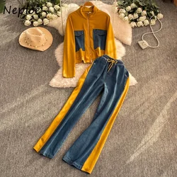 Neploe Moda Stand Collar Long Sleeve Sets Panelled Sweaters Patchwork Straight High Waist Wid Leg Pants Slim Fit New Trousers