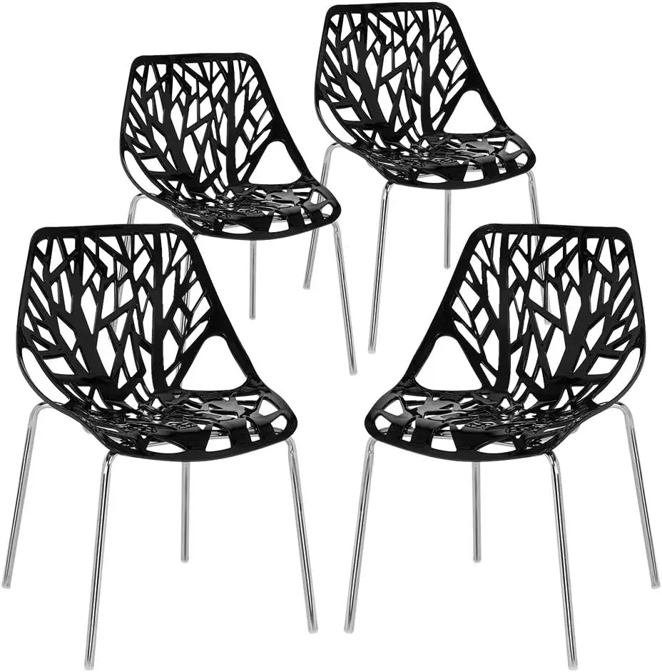 Modern  Dining Chair Set of 4 for Kitchen, Black, Plastic Birch Sapling Chairs for Dining Room,Living Room,Waiting Room (Black)