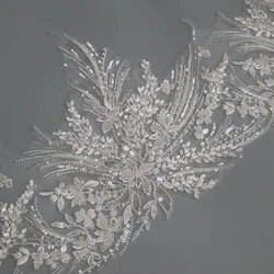 Luxury 1yard sequin beaded appliques for wedding dresses DIY Sewing on embroidery flower trimmings clothes decoration