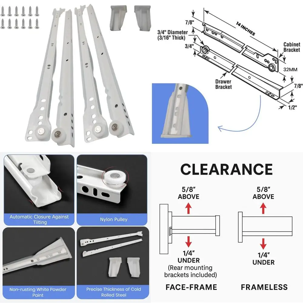 

Лицевая рама и безрамные направляющие для шкафа, 14-дюймовый европейский стиль, упаковка 10 шт., грузоподъемность 75 фунтов, холоднокатаная сталь, отделка с порошковым покрытием