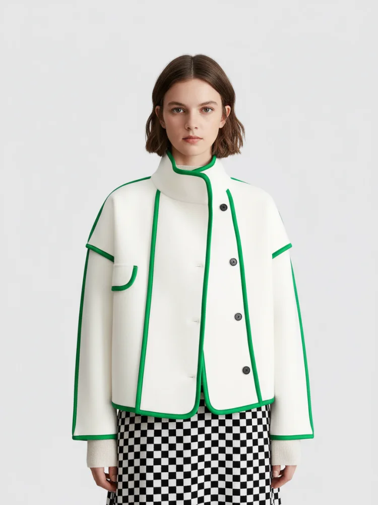 

Freeacy 2025 Autumn New Women's Coat Green Trim High Neck Buttoned Loose Fit Jacket Casual Woolen Coat Outerwears
