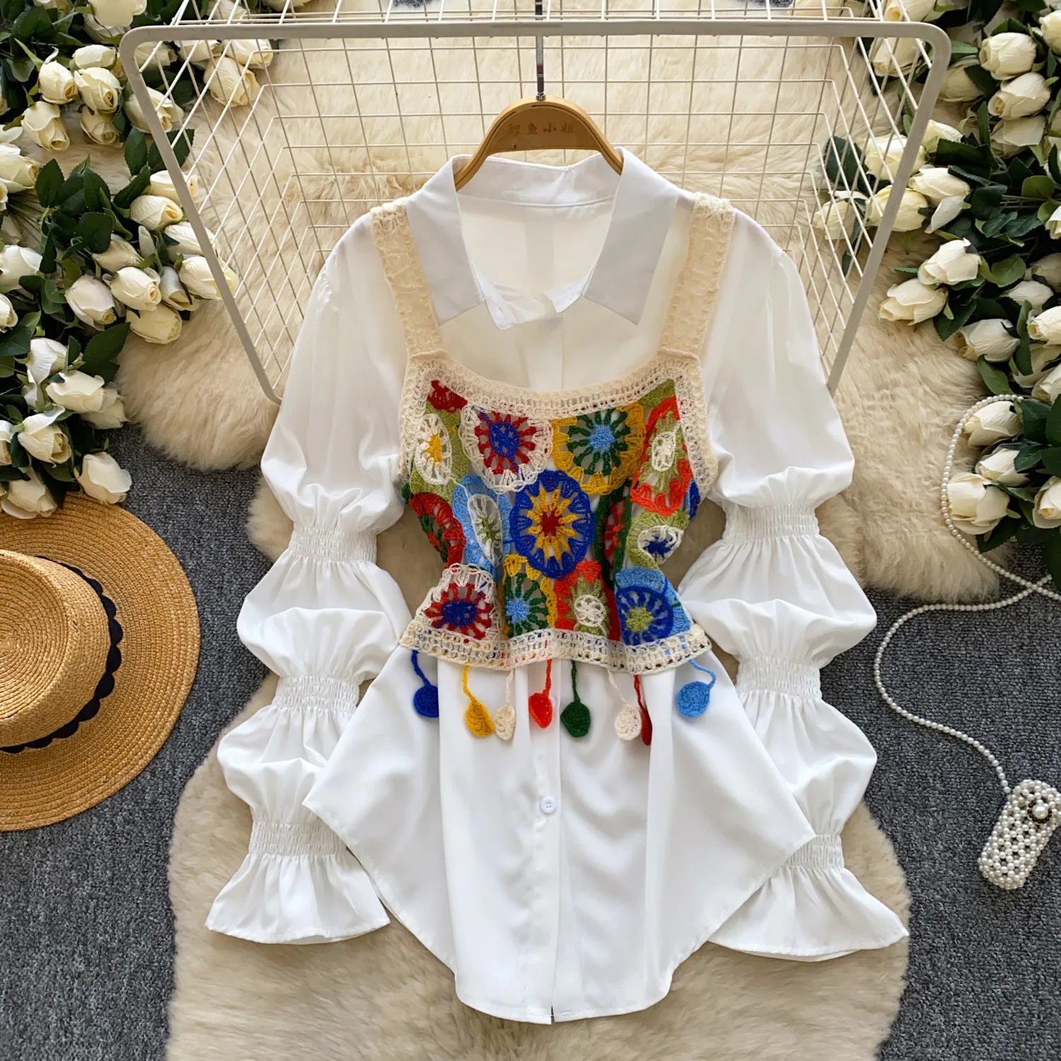 

Blouses Women Shirt Vintage 2 Piece Set Vest Turn Down Collar Lantern Sleeve Tops Y2k Streetwear Elegant Shirts 2026 Spring