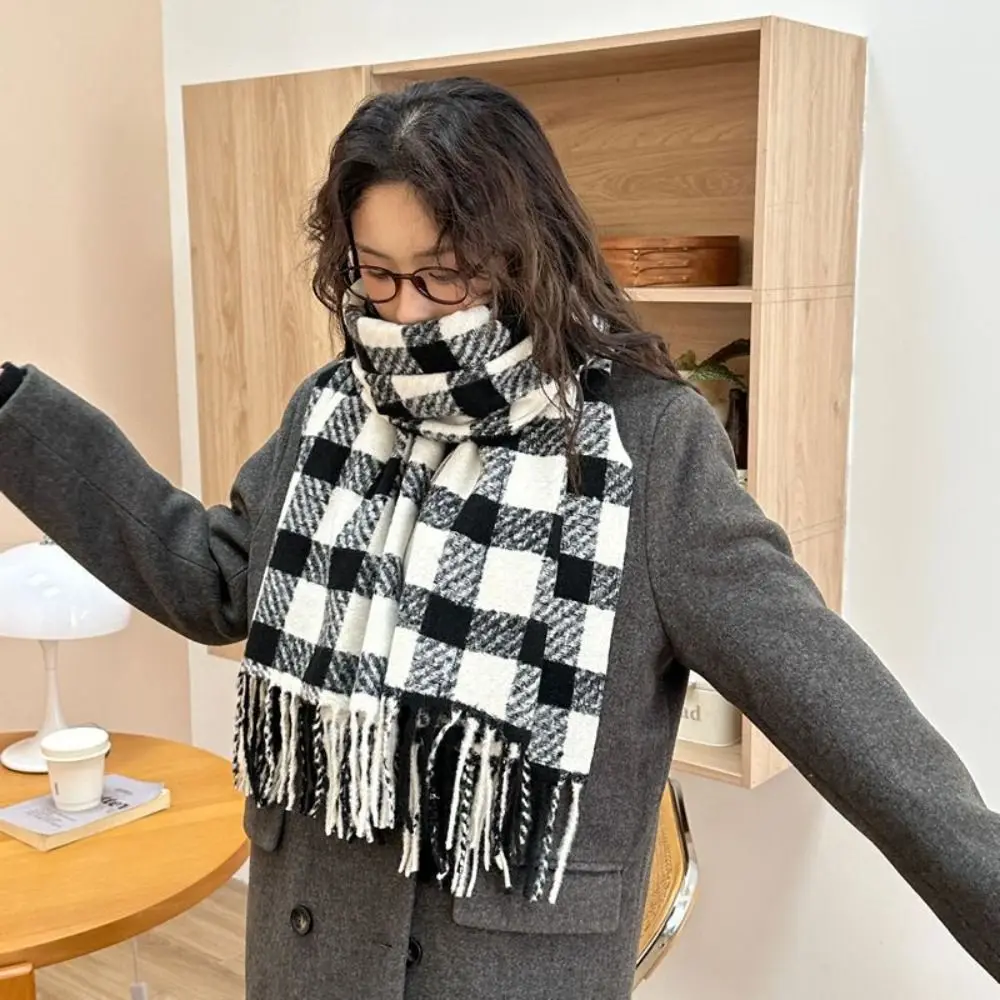 

Шерстяной шарф в клетку с кисточками, утепленный, зимний, из кашемира, теплый, в корейском стиле, женская кашемировая шаль для холодной погоды