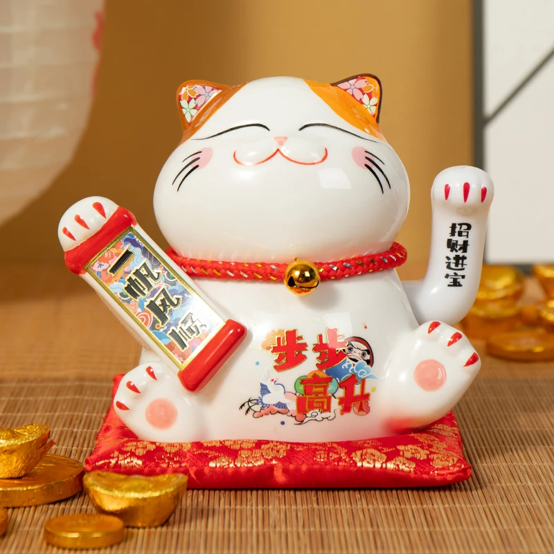 5.5 Inch Ceramic Beckoning Cat Maneki Neko Ornament Feng Shui Decoration Swing Lucky Fortune Cat Battery Powered Business Gift