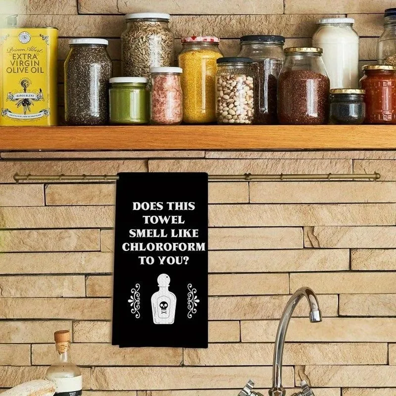 1 Piece of Humorous Gothic-Style Kitchen Towel - 40* 60cm Soft Microfiber, Black Hand Towel with Skull and Bottle Design, 