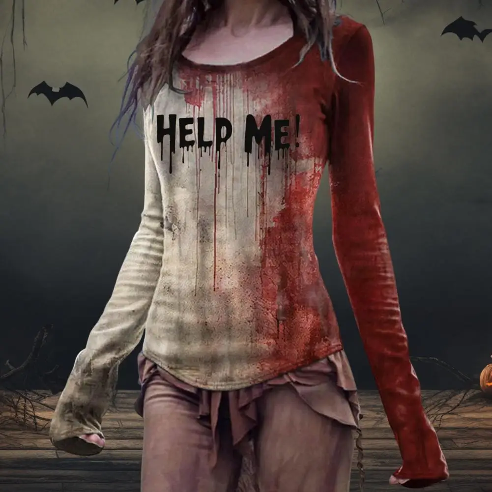 Women T-shirt Halloween 3D Effect Blood Print Round Neck Long Sleeve Tee Shirt Slim Fit Stretchy Pullover Tops Bloody Shirts