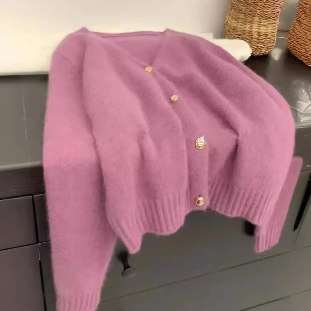 

Женский вязаный свитер ярких цветов, кардиган в корейском стиле с v-образным вырезом, однобортный, в западном стиле, простой дизайн для женщин