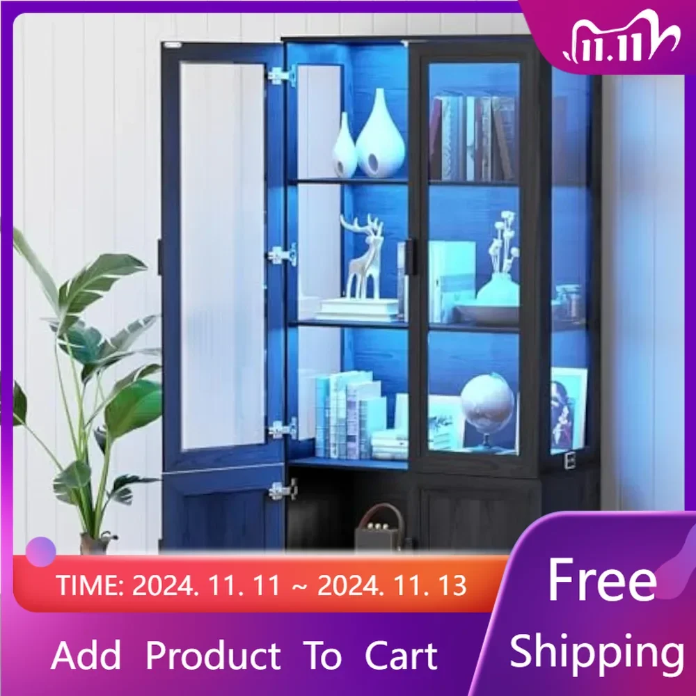 

Display Cabinet with Acrylic Glass Doors, Storage Cabinet with 3 Shelves,LED Lights,Display Case with Magnetic Lock&Buffer Hinge